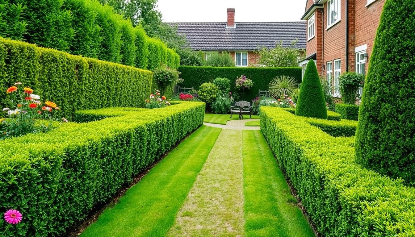 Well-maintained garden with trimmed hedges and flowers