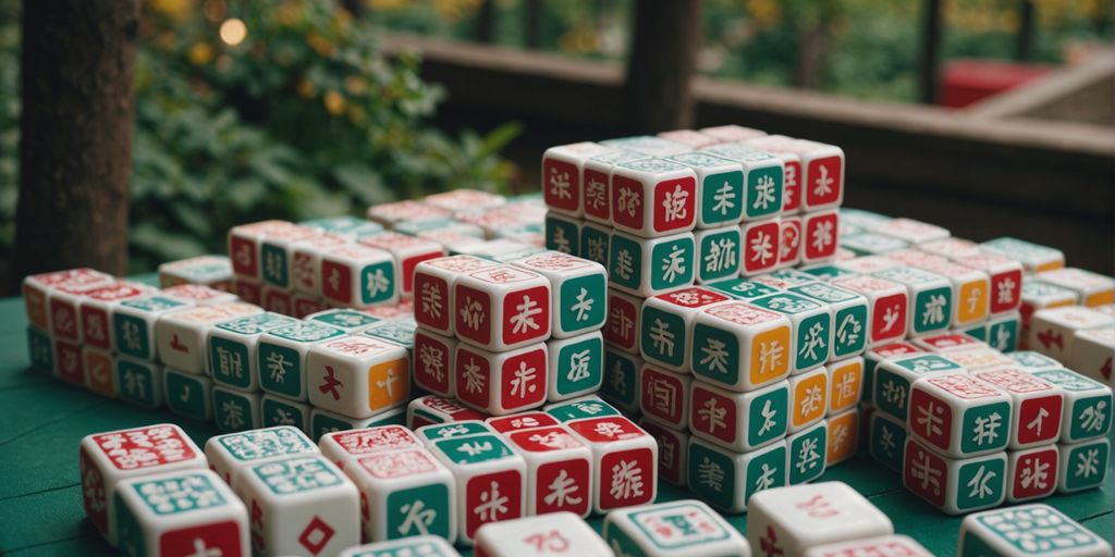 Large Mahjong tiles displayed outdoors with vibrant colors