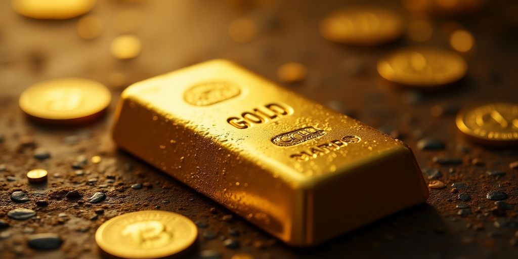 Lingot d'or sur une surface texturée avec des pièces.