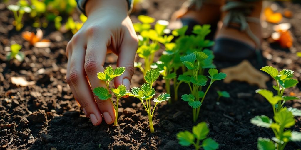 Gartenarbeit mit jungen Gemüsepflanzen im September.