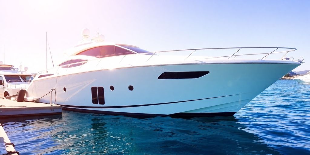Luxurious yacht docked in a sunny harbor.