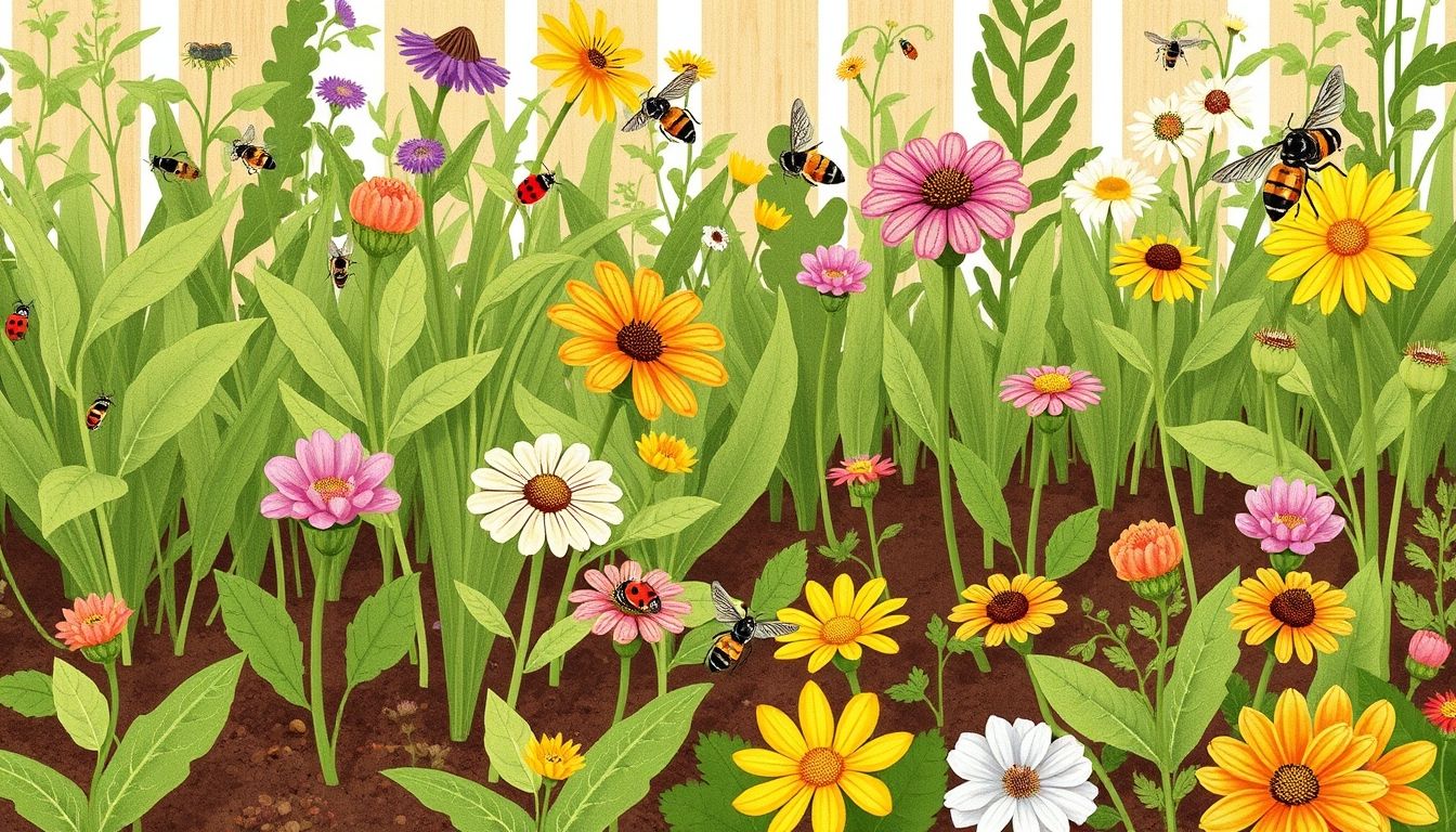 Illustrative garden with plants, flowers, ladybugs, and bees