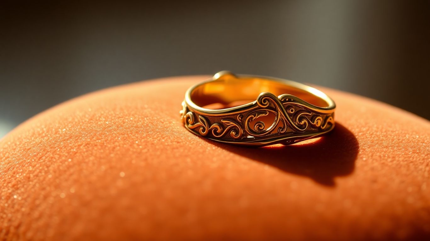 Gold ring on a velvet cushion.