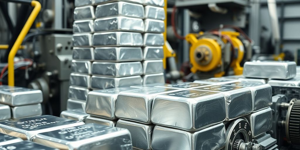 Lingots d'argent brillant, flux industriel, technologie.