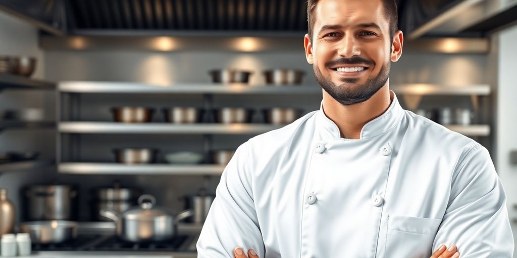 Chef in kitchen, professional, clean, organized.