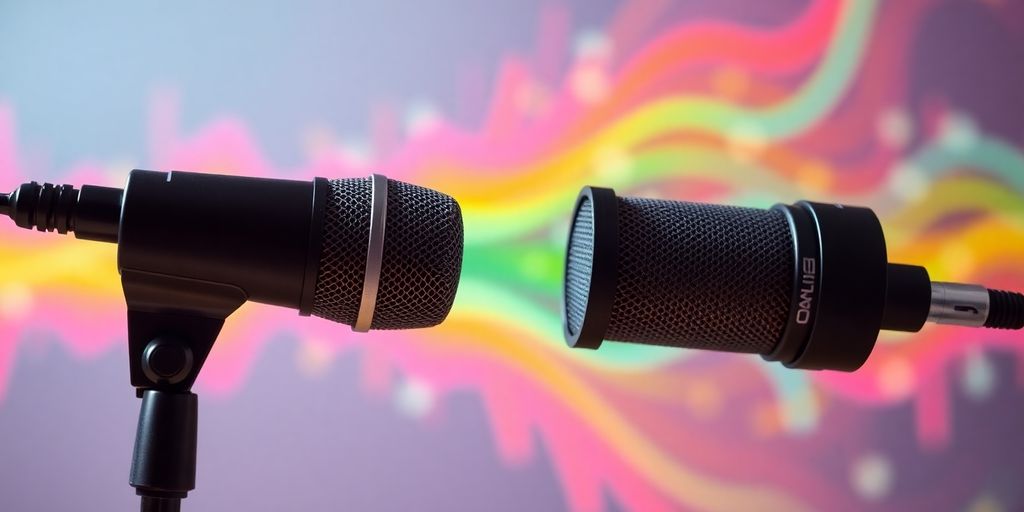 Podcast microphone with abstract sound waves.