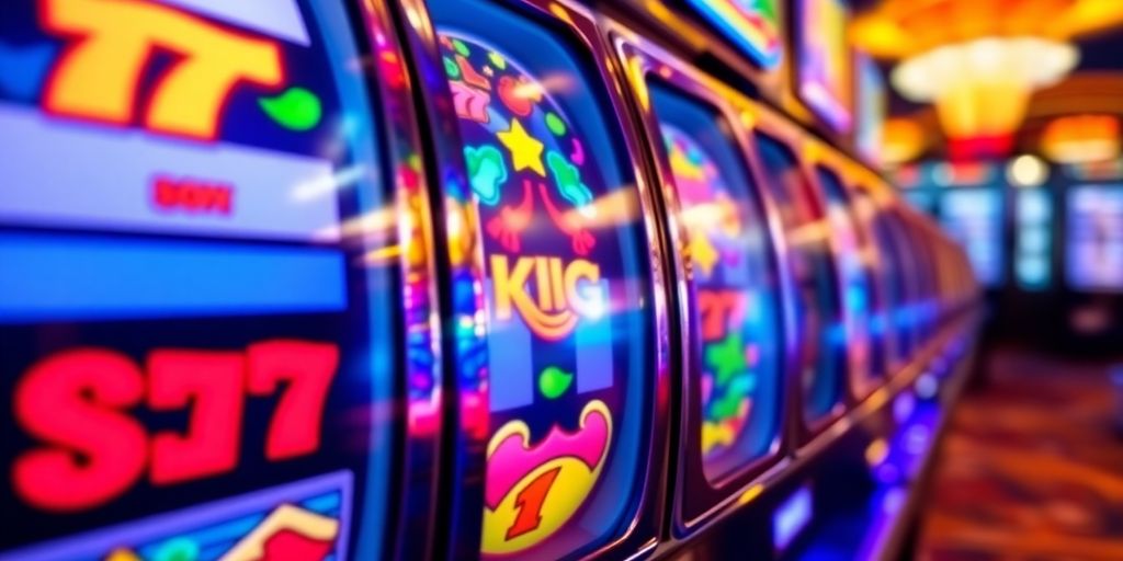 Golden slot machine reels spinning with winning symbols.