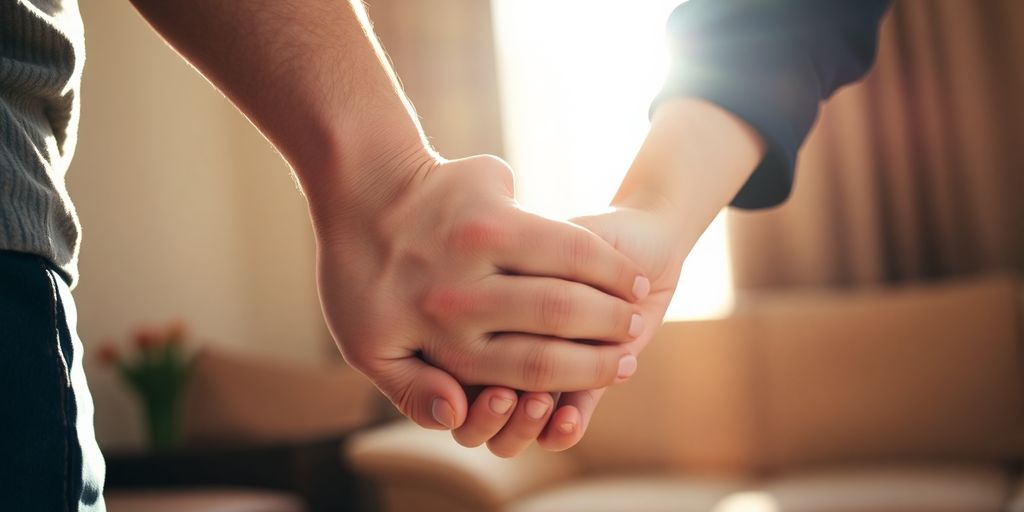 Couple holding hands, sunlight, calm.