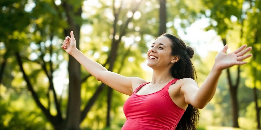 New mom exercising outdoors with her baby, radiating joy.