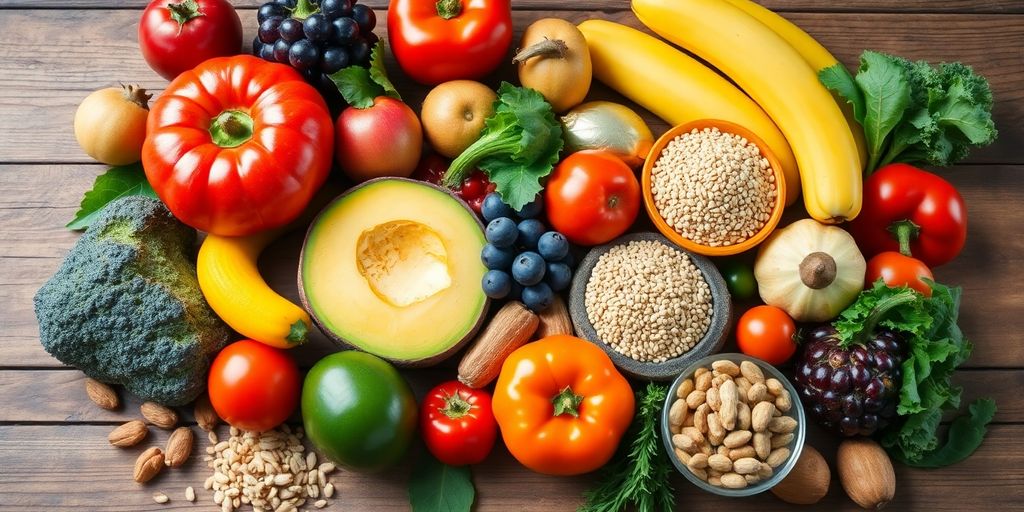 Healthy foods including fruits, vegetables, and grains.