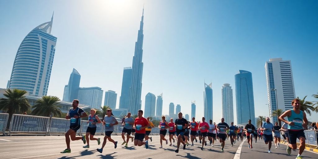 Runners competing in the Abu Dhabi Marathon with city backdrop.