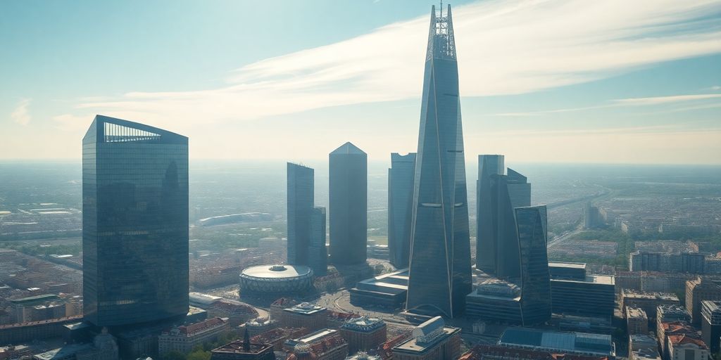 Towering futuristic skyscrapers against a European cityscape.