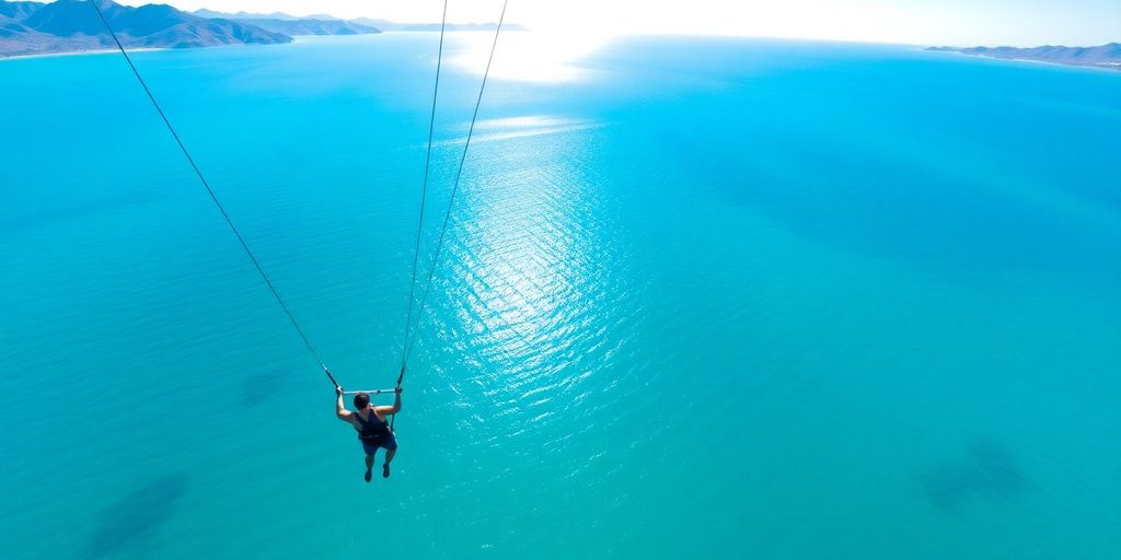 Person parasailing over clear turquoise waters of Sea of Cortez.