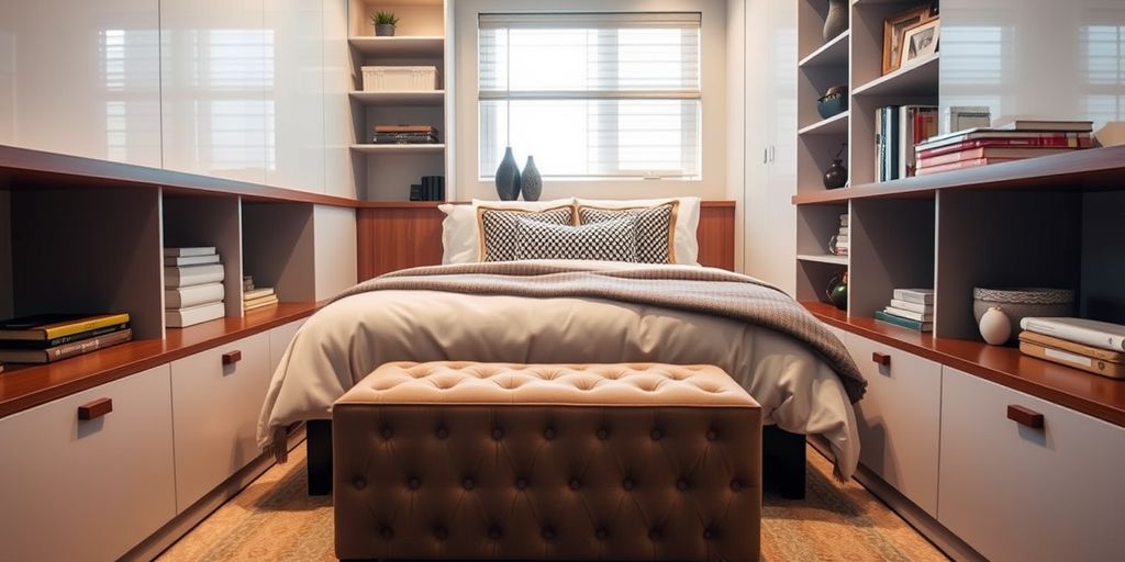 Small bedroom with storage ottoman and warm lighting