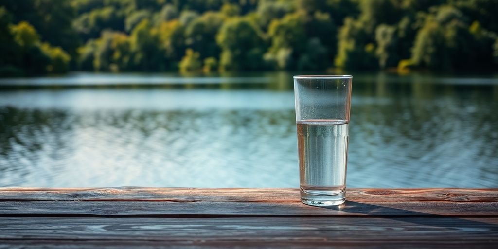 Calm lake and glass of water on a table.