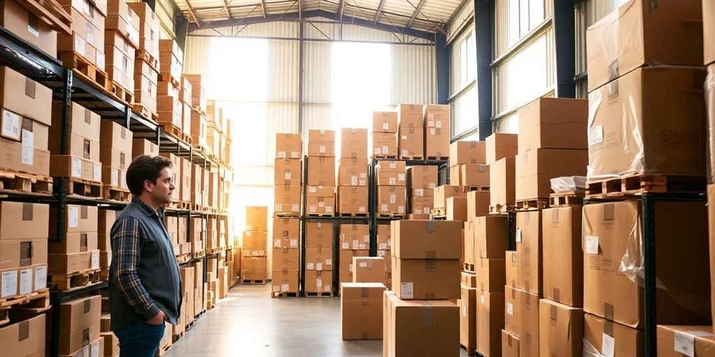 Warehouse interior with stacked boxes and a small business owner.