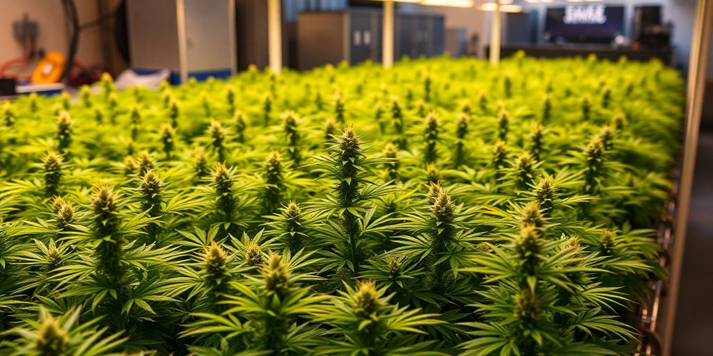Cannabis plants under grow lights.