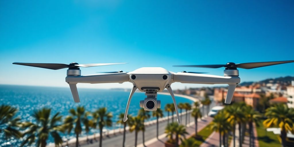 Drone survolant la promenade des Anglais, Nice