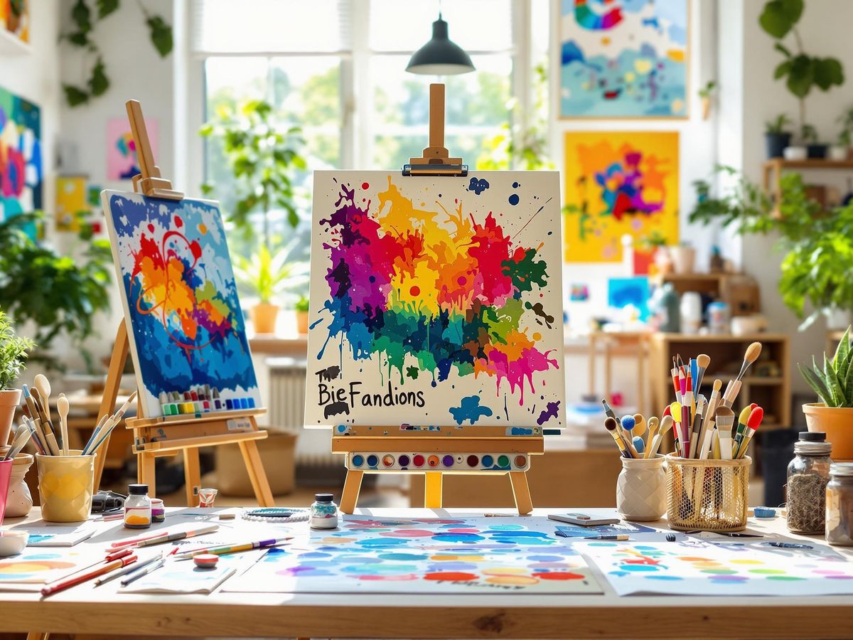 Creative workspace with easel and colorful art supplies.