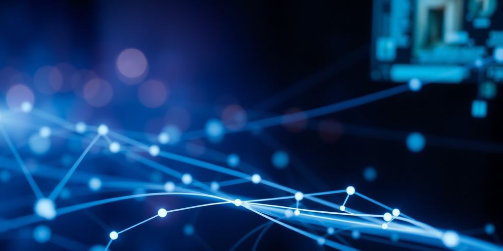 Digital branding elements radiating outwards.