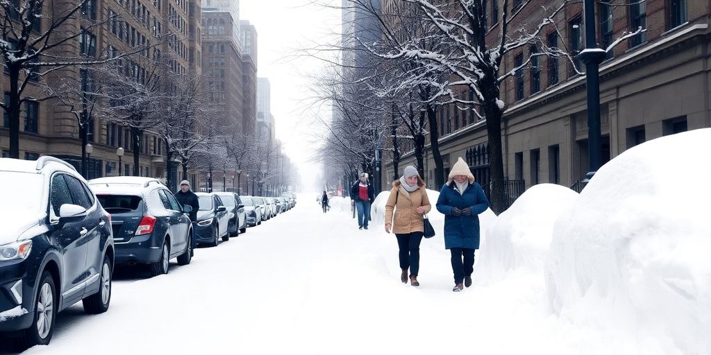 Snowy Chicago street with residents in winter clothing.