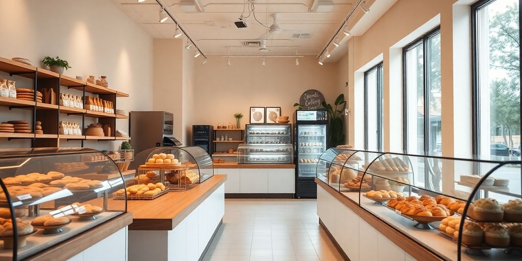 Aménagement intérieur d'une boulangerie moderne et accueillante.
