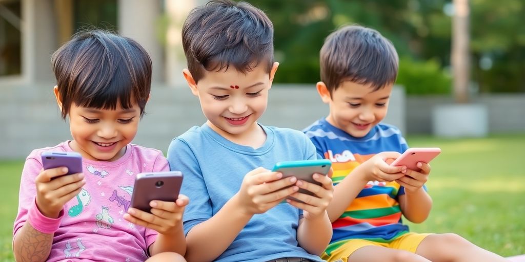 Crianças usando smartphones ao ar livre de forma divertida.