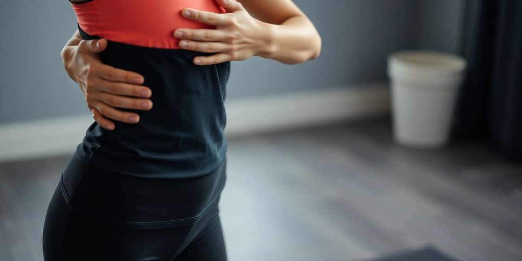 Person stretching sore abdominal muscles after a workout.