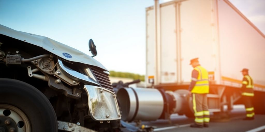 Damaged truck at an accident scene with responders.