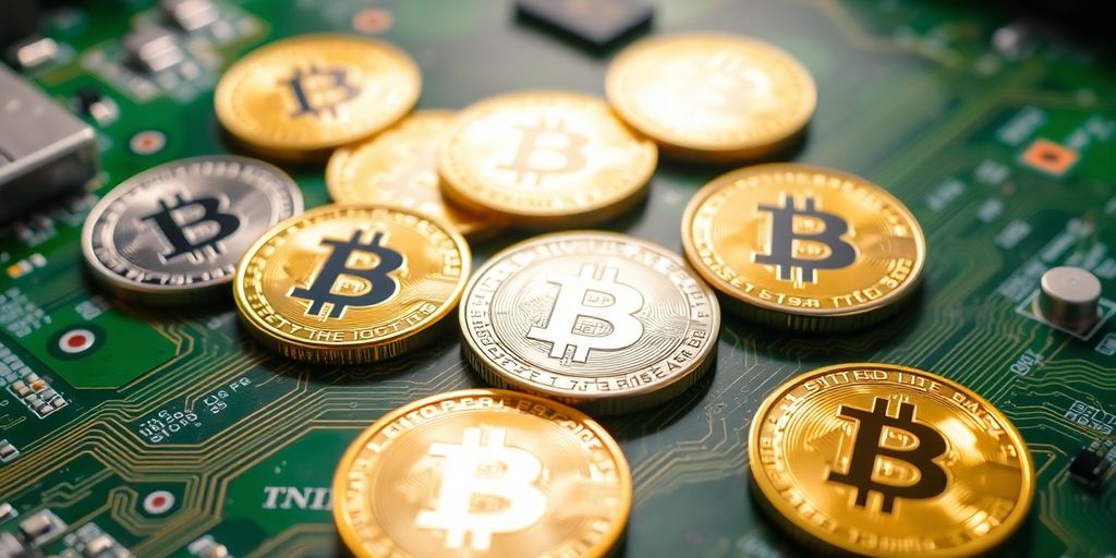 Digital coins on circuit board.