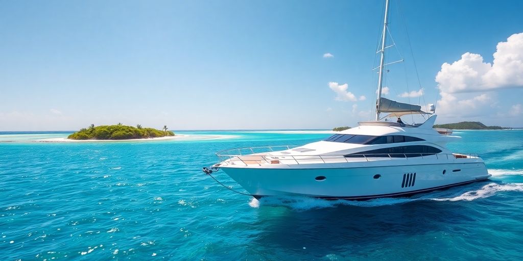 Luxury yacht cruising turquoise Bahamian waters.