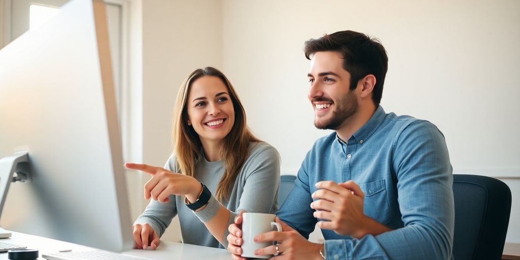 Man and woman laughing by computer