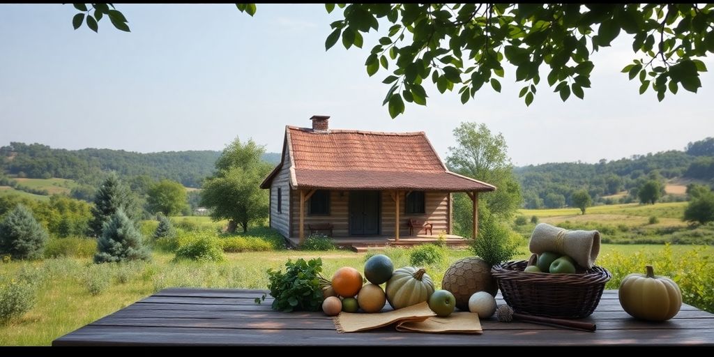 Maison rustique entourée de verdure et de produits frais.