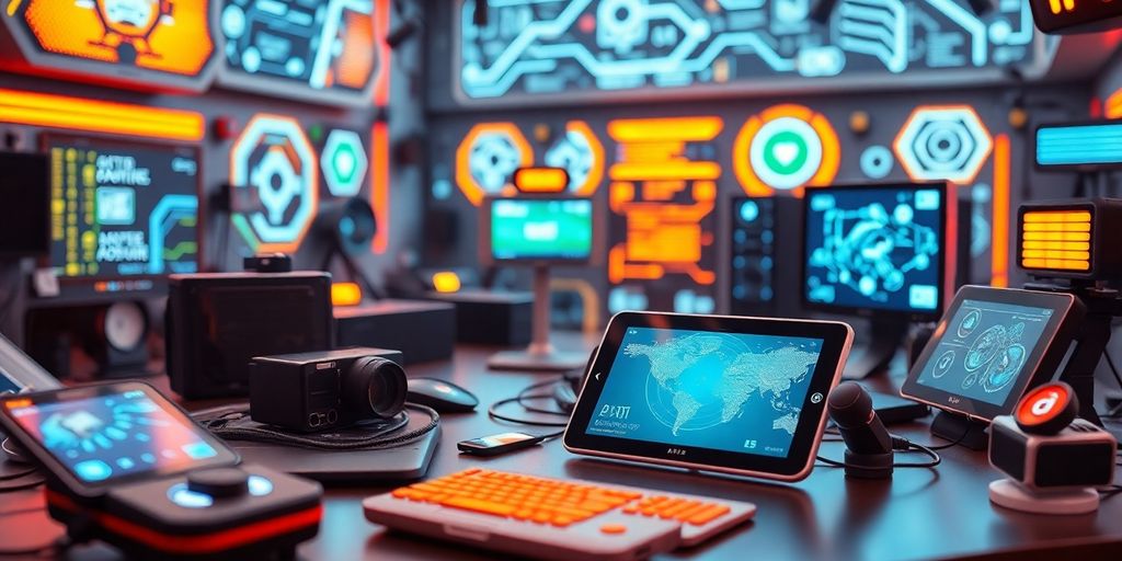 Futuristic tech devices in a vibrant, modern environment.
