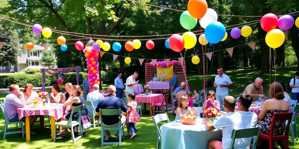 Outdoor birthday party setting with guests and decorations.