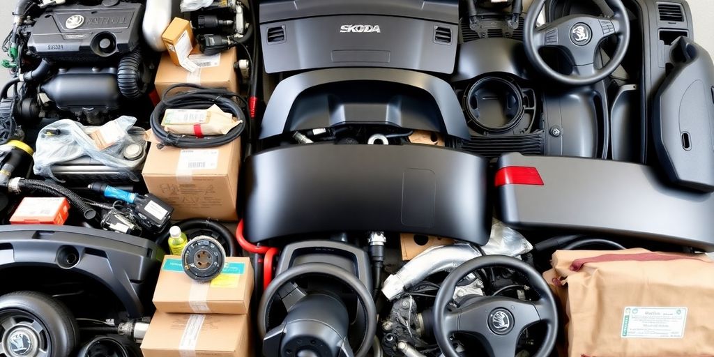 Skoda car parts arranged neatly.