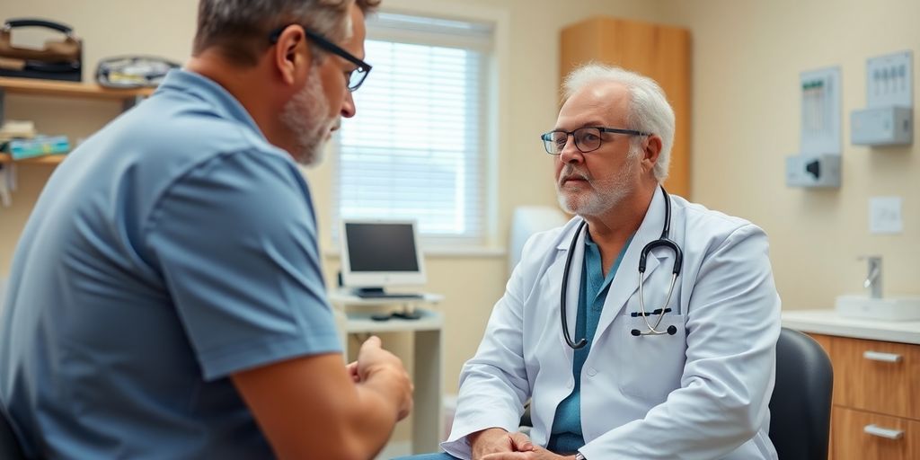Patient und Arzt im Gespräch über Schulterluxation.
