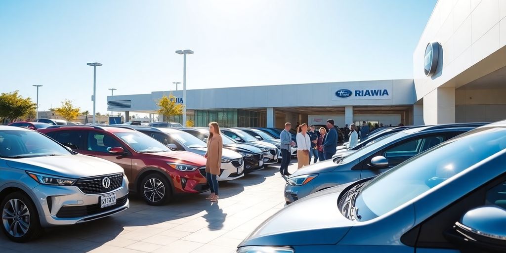 Bright dealership with new cars and eager shoppers.