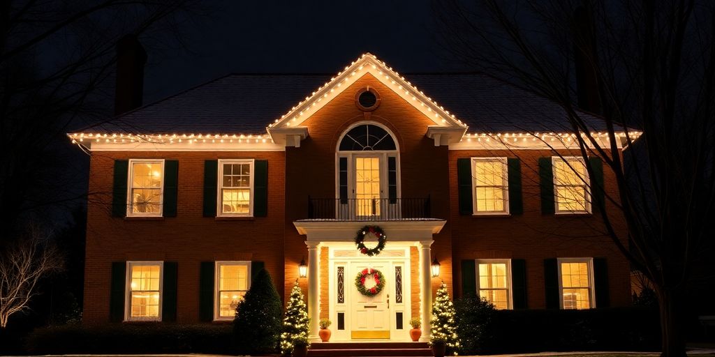 Ladue home, permanent Christmas lights, nighttime.