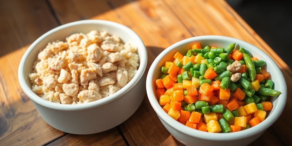 Dog food bowls with fresh vegetables and meat.