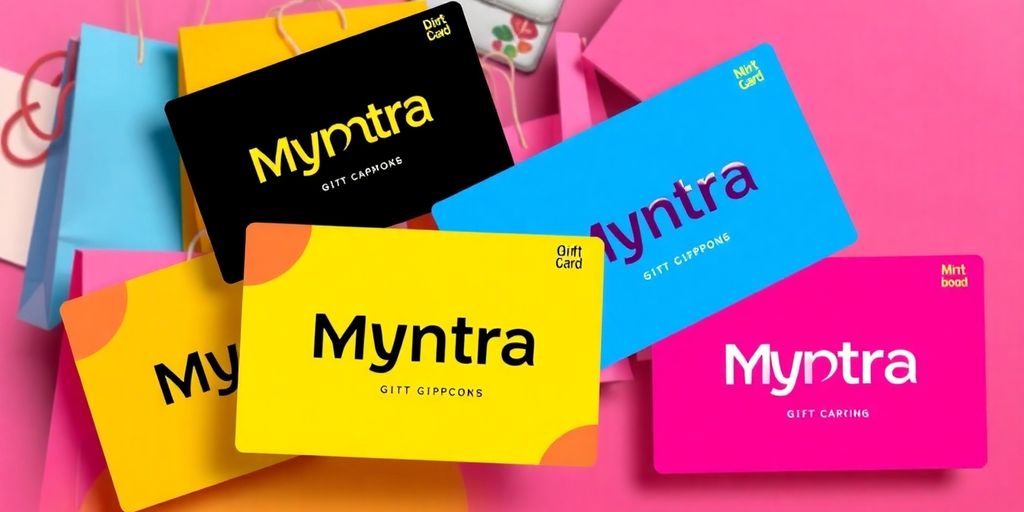 Colorful Myntra gift cards with shopping bags and fashion items.