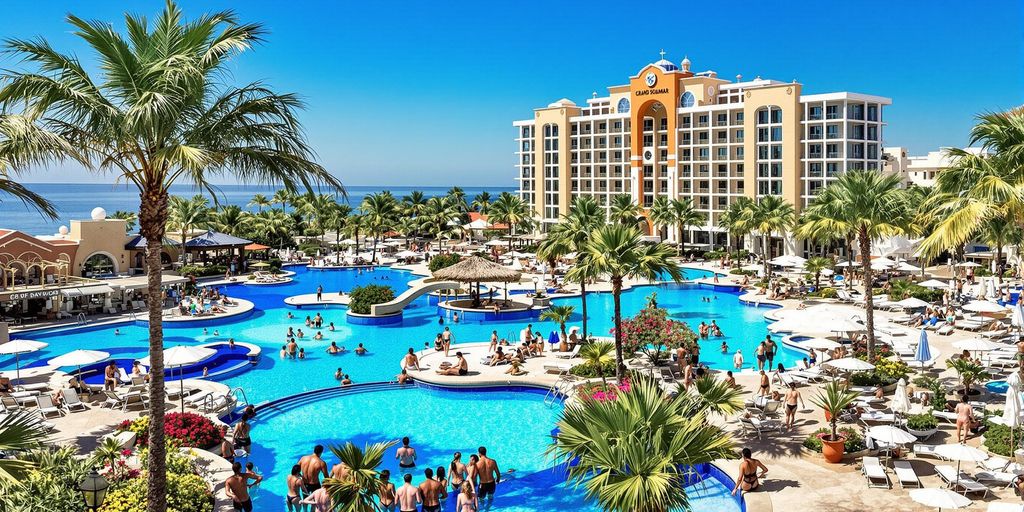 Vibrant pools and sun loungers at Grand Solmar resort.