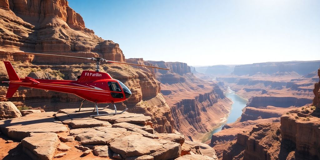 A red helicopter landed on a cliff in the Grand Canyon.