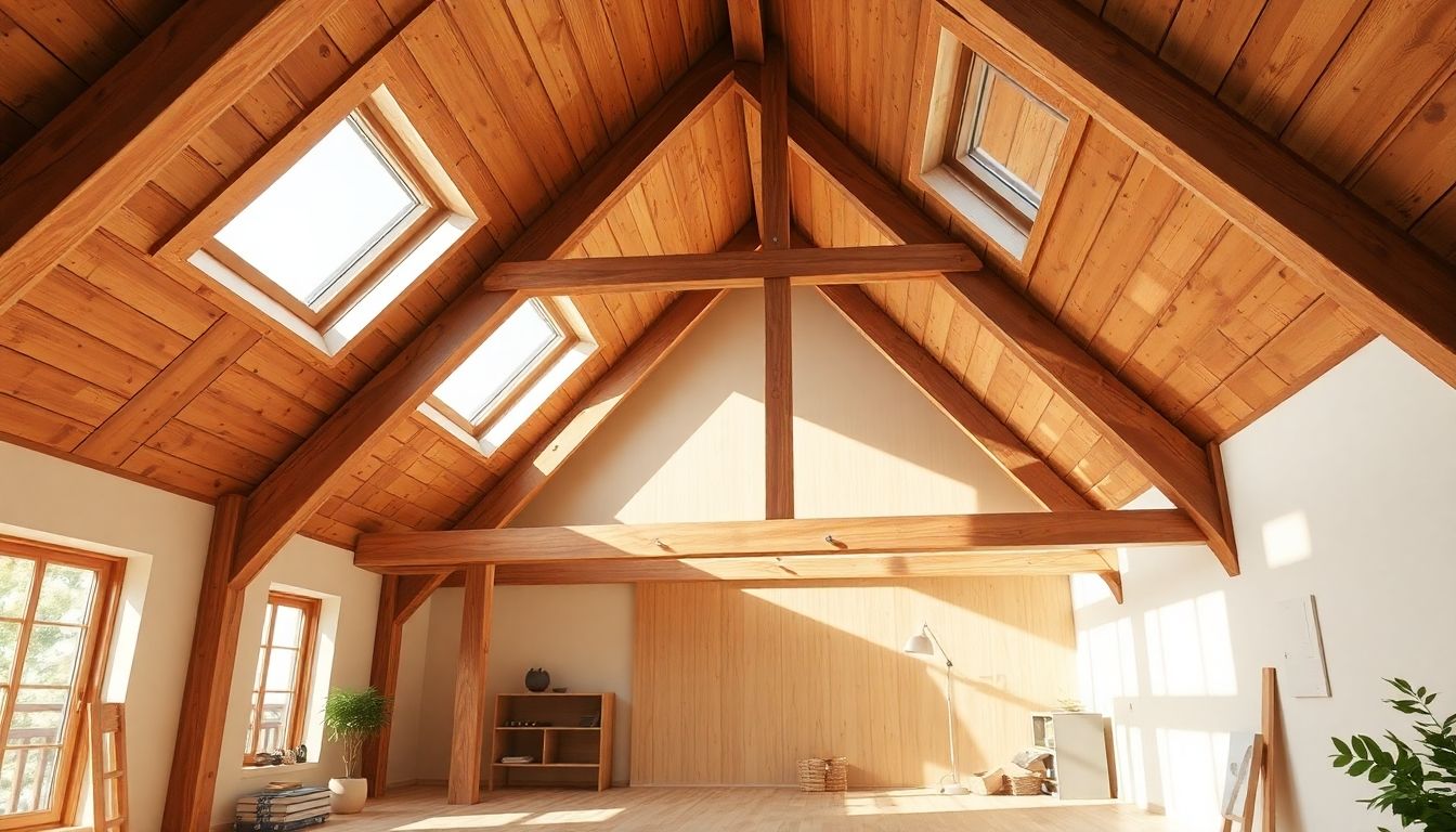 Realistic loft conversion with wooden beams and skylights.