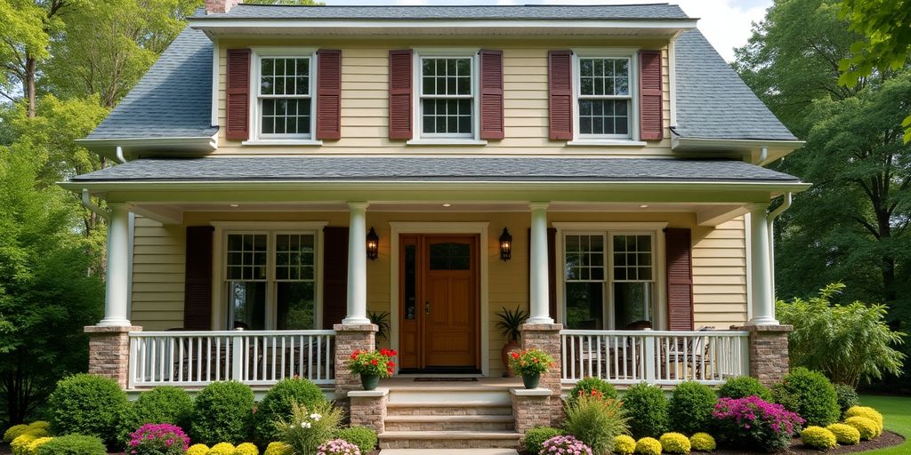 Restored home exterior with fresh paint and vibrant flowers.