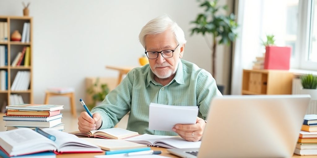 Rentner beim Lernen mit Büchern und Laptop.