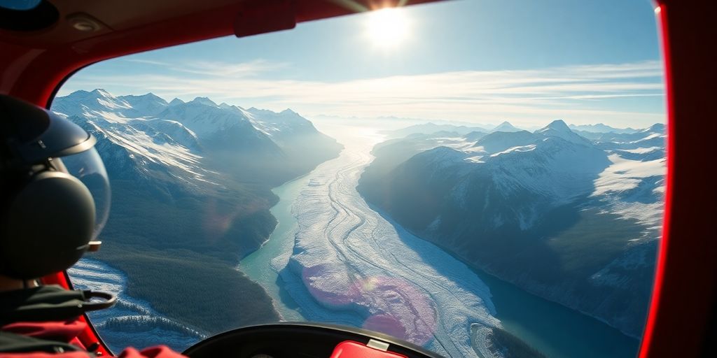 A red helicopter flies over snowy Alaskan mountains and glaciers.