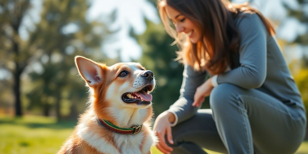 Happy dog performing a trick with a trainer in Double Bay.