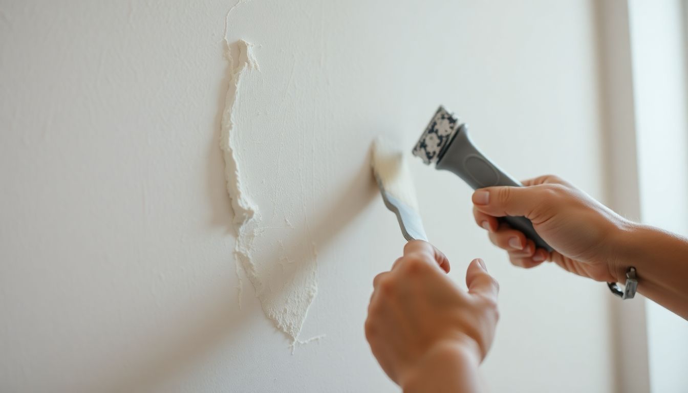 Plasterer smoothing wall with tools in bright room.