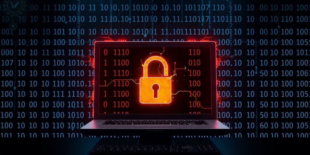 Pontos Negativos da Inteligência Artificial: Desvendando os Riscos e Desafios 4 Computador com bloqueio digital e código binário ao fundo.